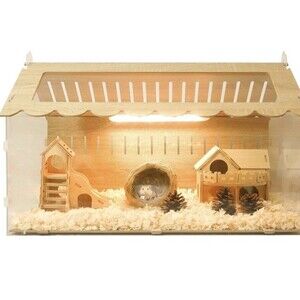 Wood Hamster Hideout Enclosure Mice Rat Guinea Cage House Acrylic 23x15x16